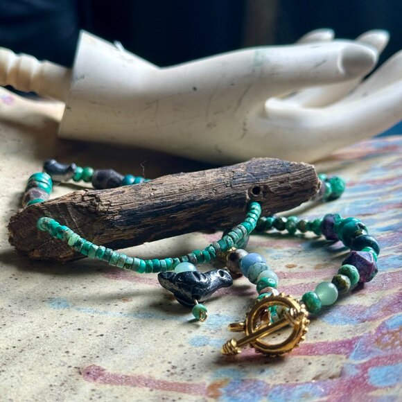 Bohemian OOAK Turquoise, Wood, Ceramic, Aventurine Statement Necklace - Picture 8 of 11